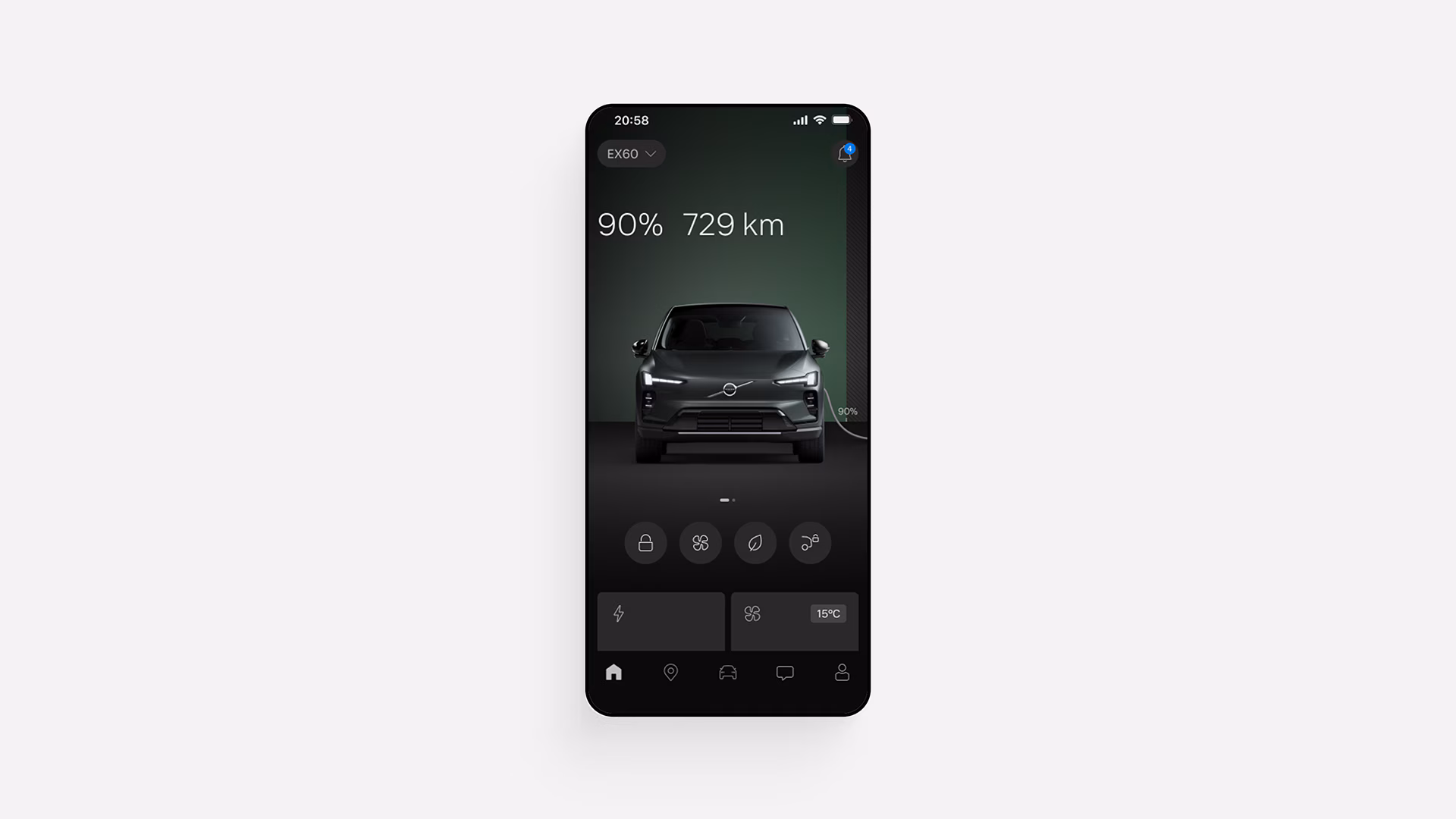 Интерфейс Volvo Cars app с Volvo EX90 с 90% аккумулятором и запасом хода 729 км.