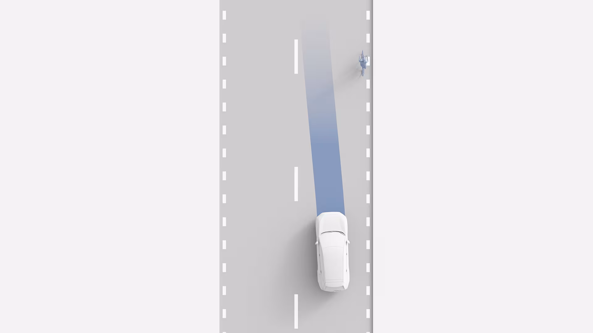 Иллюстрация автомобиля Volvo, использующего технологию удержания в полосе движения для обнаружения и объезда велосипедиста на дороге.