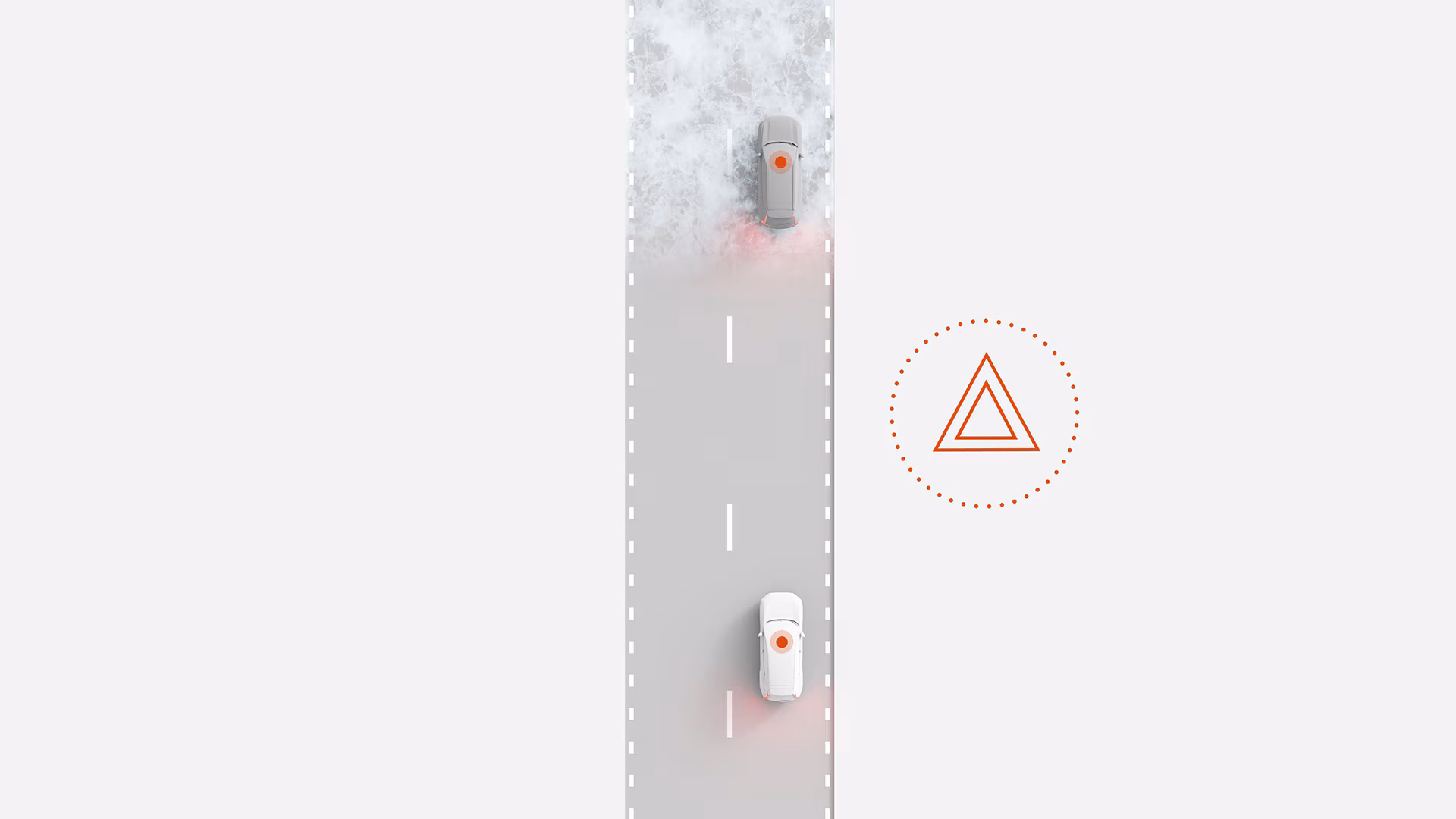 Иллюстрация двух автомобилей Volvo на дороге, один из которых идет впереди по заснеженной поверхности, а символ знака аварийной остановки указывает на предупреждение об опасности.