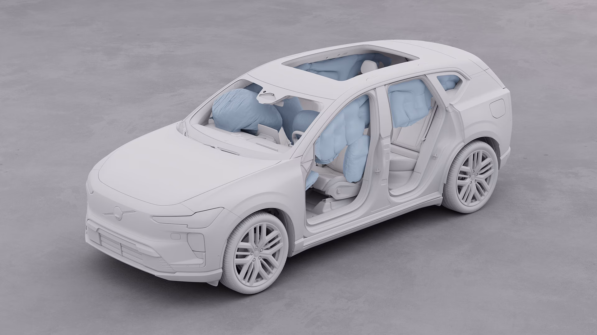 Иллюстрация внедорожника Volvo, демонстрирующая сработавшие подушки безопасности по всему салону, чтобы подчеркнуть функции безопасности автомобиля.