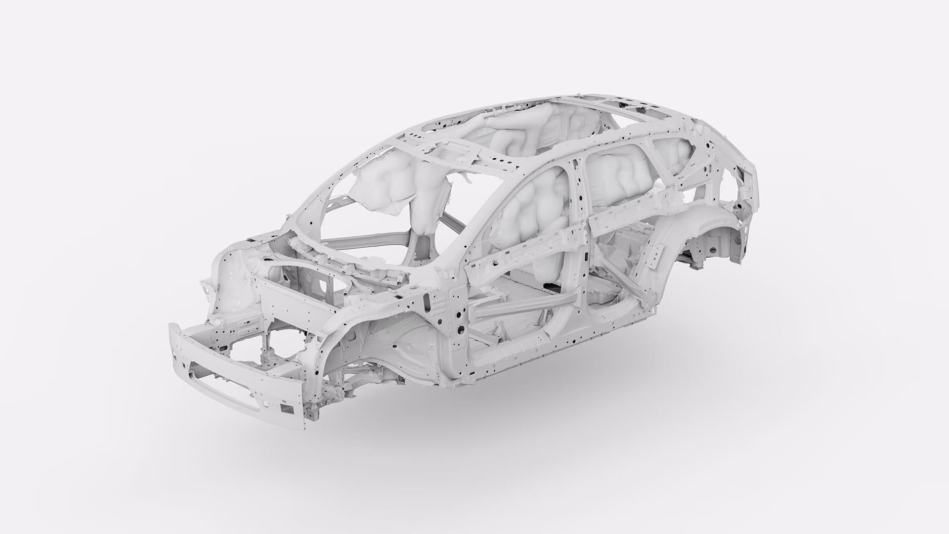 Рамка безопасности автомобиля Volvo, демонстрирующая внутреннюю структуру и несколько сработавших подушек безопасности.