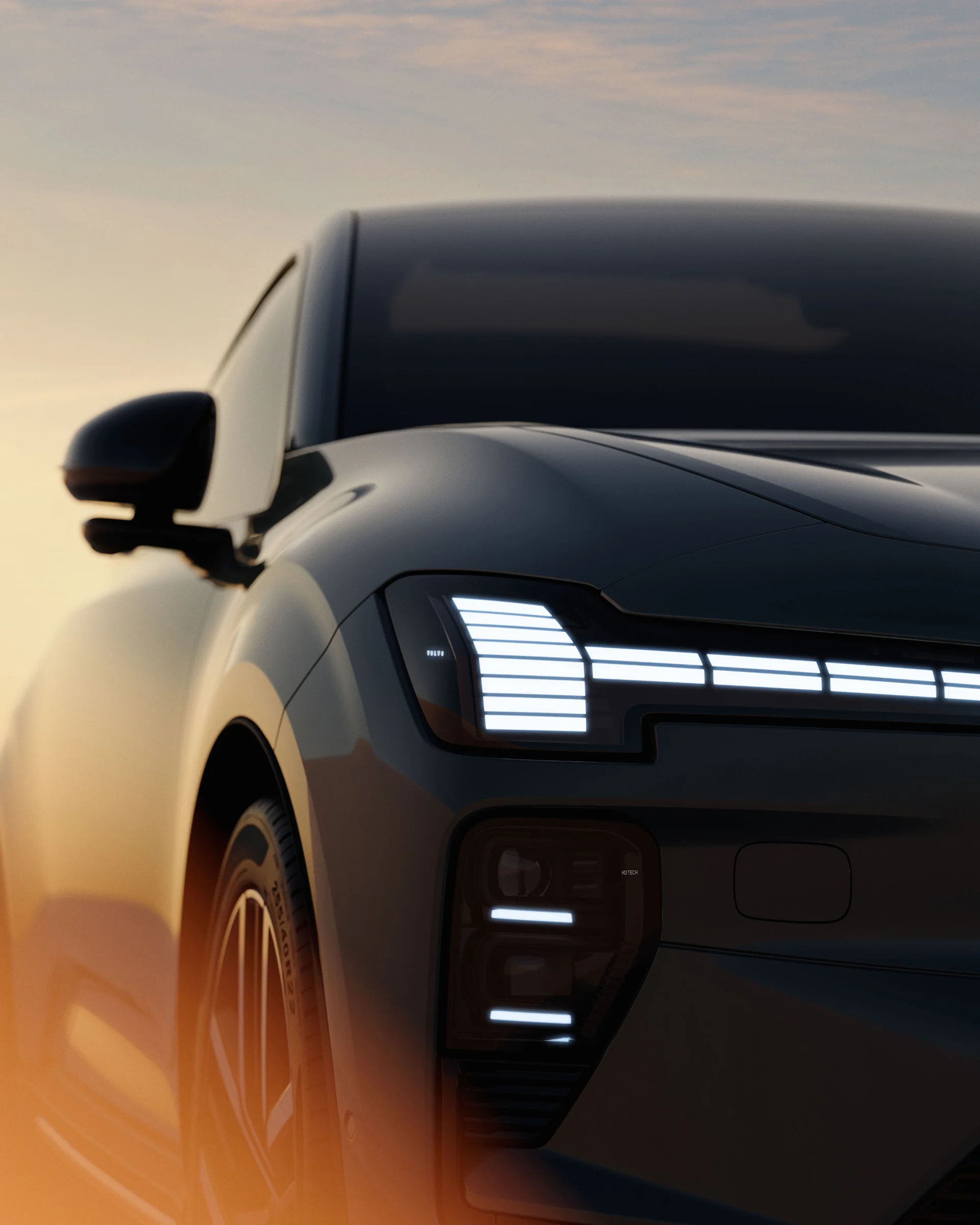 Правые передние фары и передний щиток Volvo EX60 крупным планом.