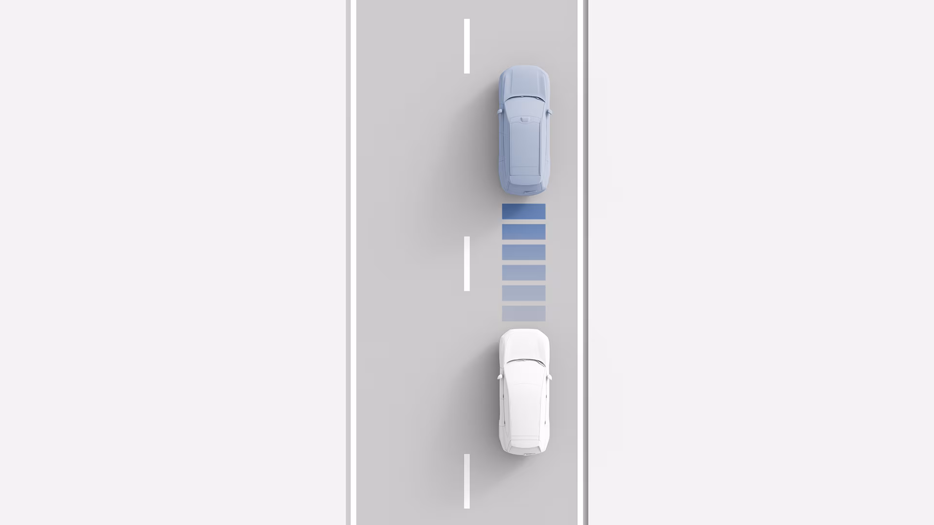 Иллюстрация автомобиля Volvo, который держит безопасную дистанцию до впереди идущего автомобиля, с выделением функций адаптивного круиз-контроля.