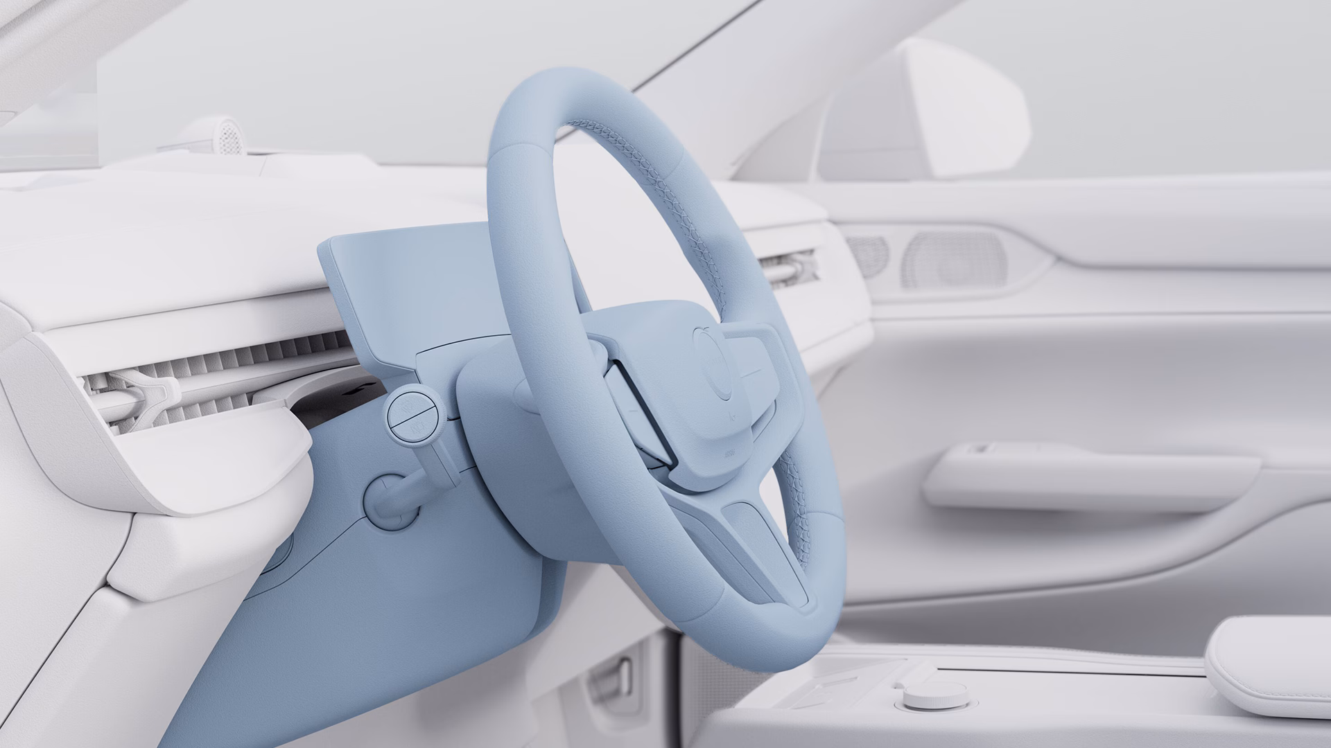 Крупный план современного салона Volvo со светло-голубым рулевым колесом и минималистичным дизайном приборной панели.