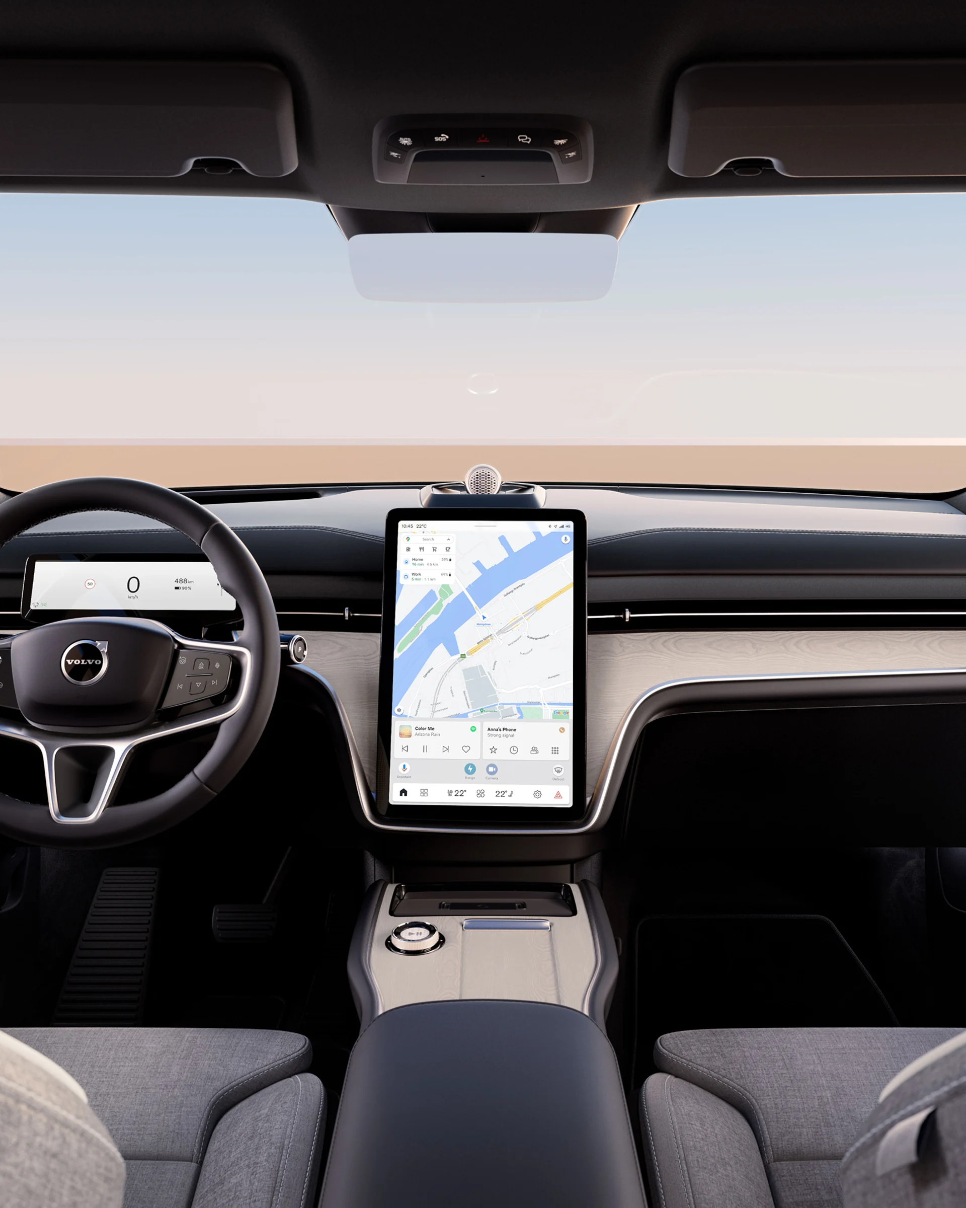 Центральный сенсорный экран Volvo EX90, отображающий элементы управления навигацией и мультимедиа.