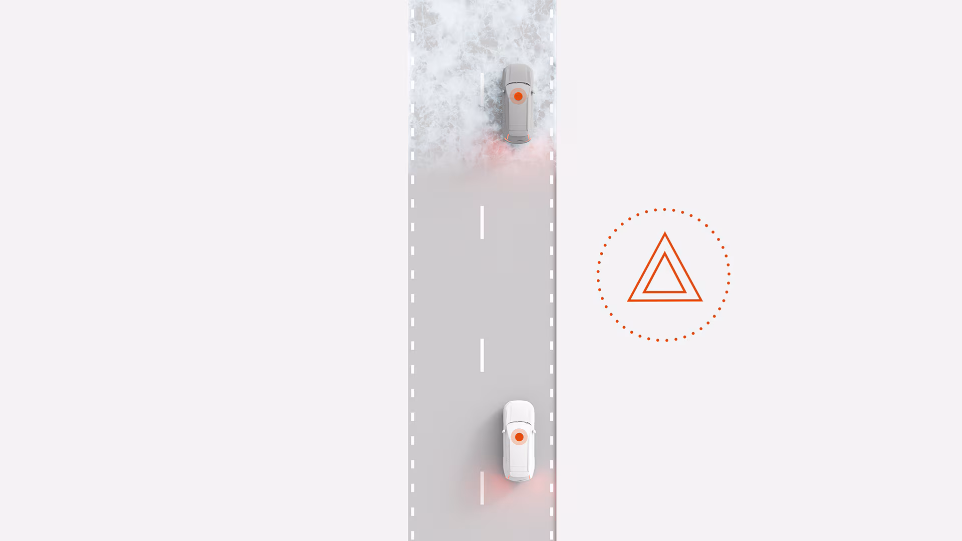 На рисунке изображены два автомобиля Volvo на дороге, при этом один из них впереди сталкивается с гололедом, а также выделен символ предупреждения об опасности, представляющий сообщение о безопасности.