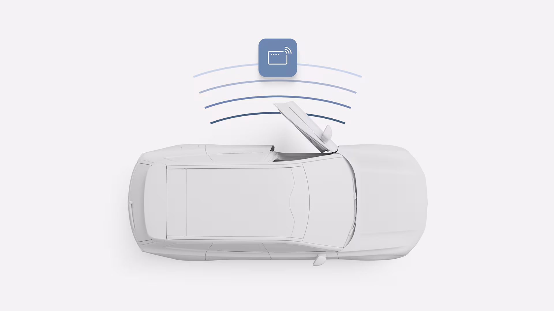 Иллюстрация автомобиля Volvo, вид сверху, на котором видно, как багажник автоматически открывается с помощью символа беспроводного ключа и сигнальных волн, указывающих на доступ без помощи рук.