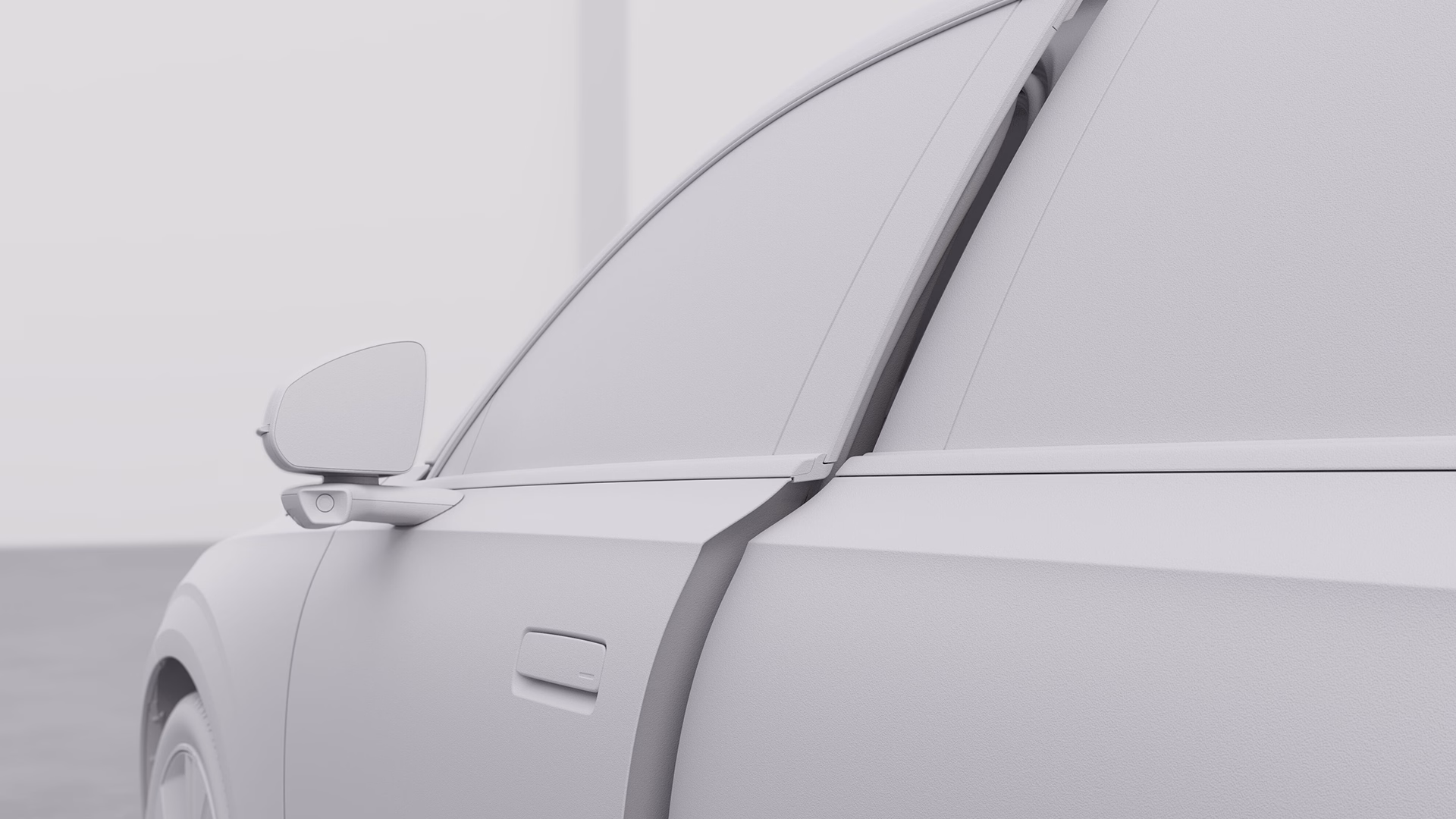 Минималистичная визуализация боковой части автомобиля Volvo с акцентом на переднюю дверь, боковое зеркало и детали окон.